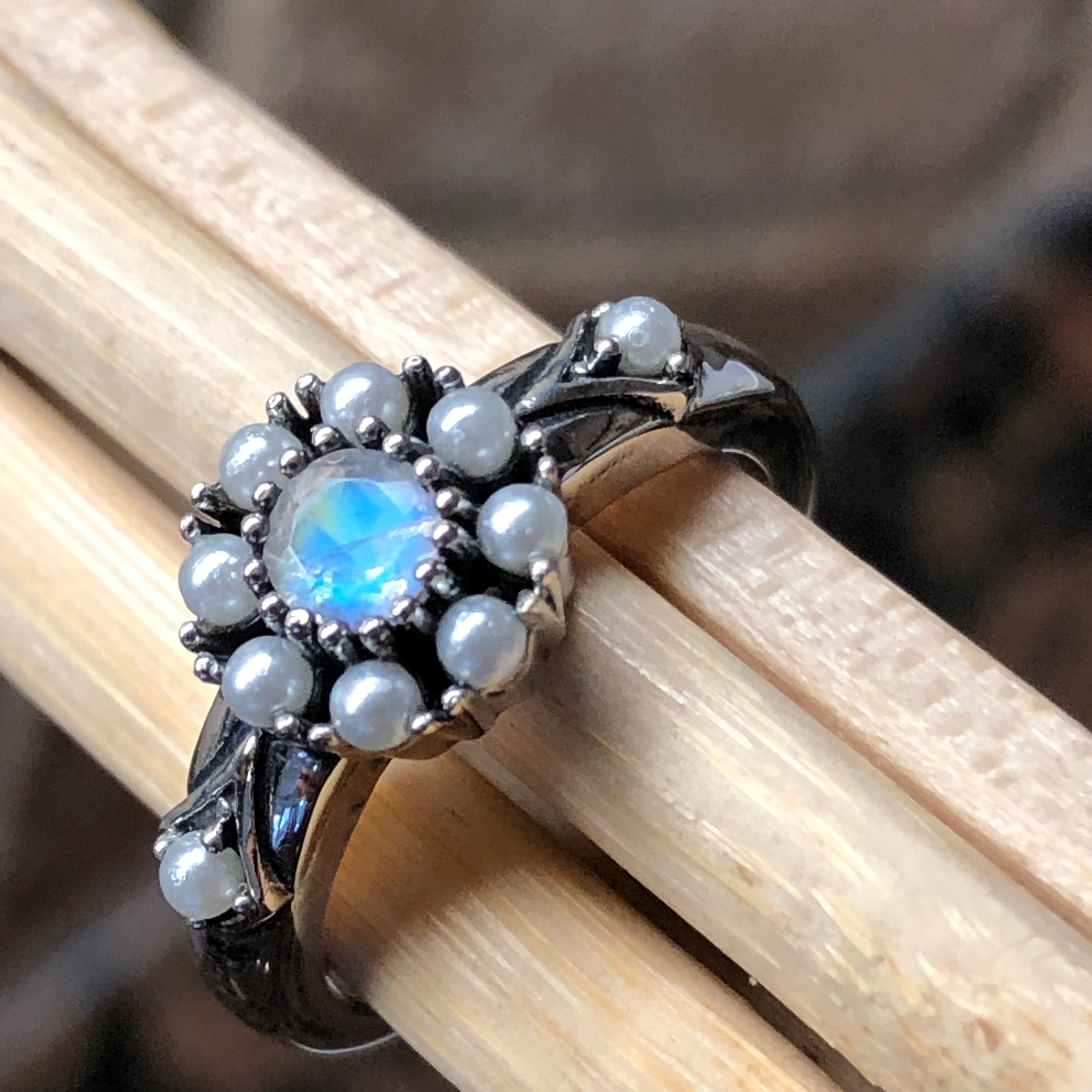 Natural Rainbow Moonstone, Pearl 925 Sterling Silver Engagement Ring Size 6, 7, 8, 9 - Natural Rocks by Kala