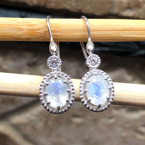 Natural Rainbow Moonstone, White Sapphire 925 Solid Sterling Silver Earrings 30mm - Natural Rocks by Kala
