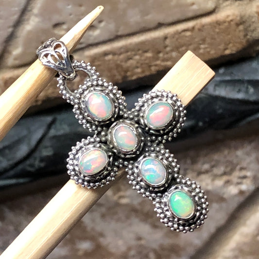 Genuine Ethiopian Opal 925 Solid Sterling Silver Cross Pendant 40mm - Natural Rocks by Kala