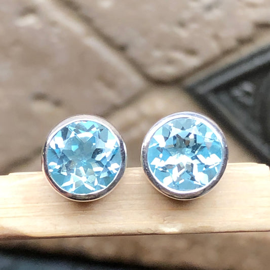 Genuine 2ct Blue Topaz 925 Solid Sterling Silver Earrings 7mm - Natural Rocks by Kala