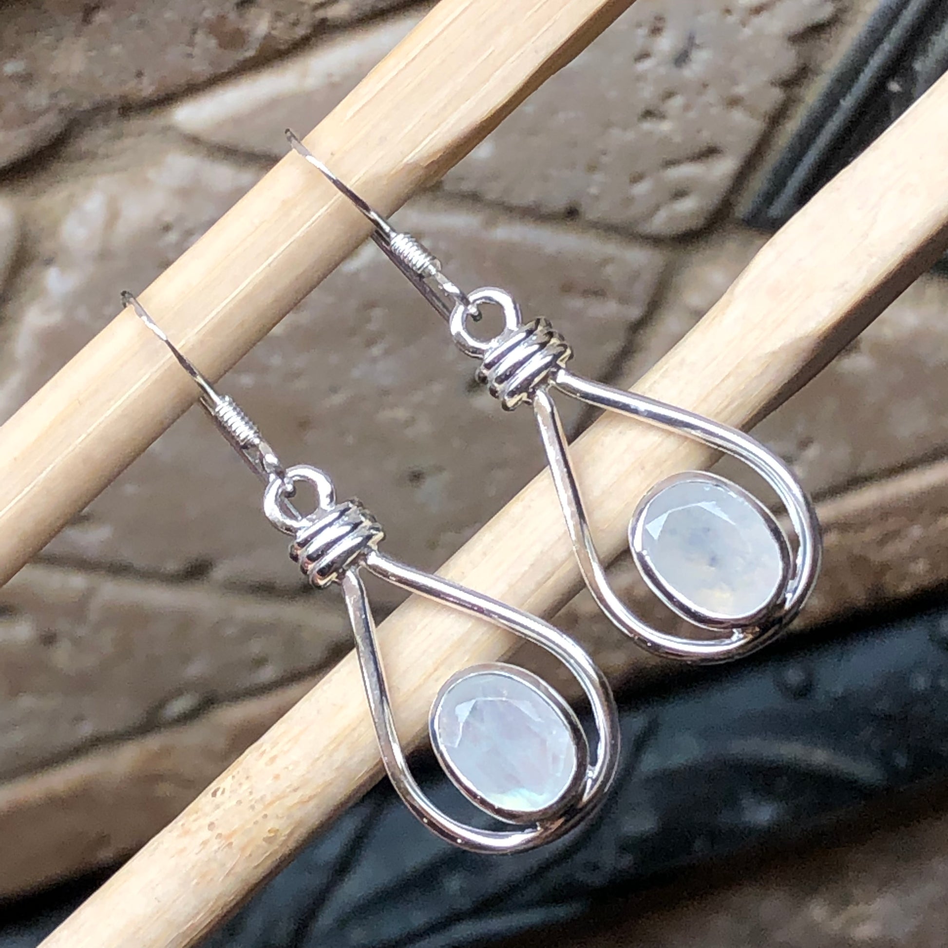 Natural Rainbow Moonstone 925 Solid Sterling Silver Earrings 35mm - Natural Rocks by Kala