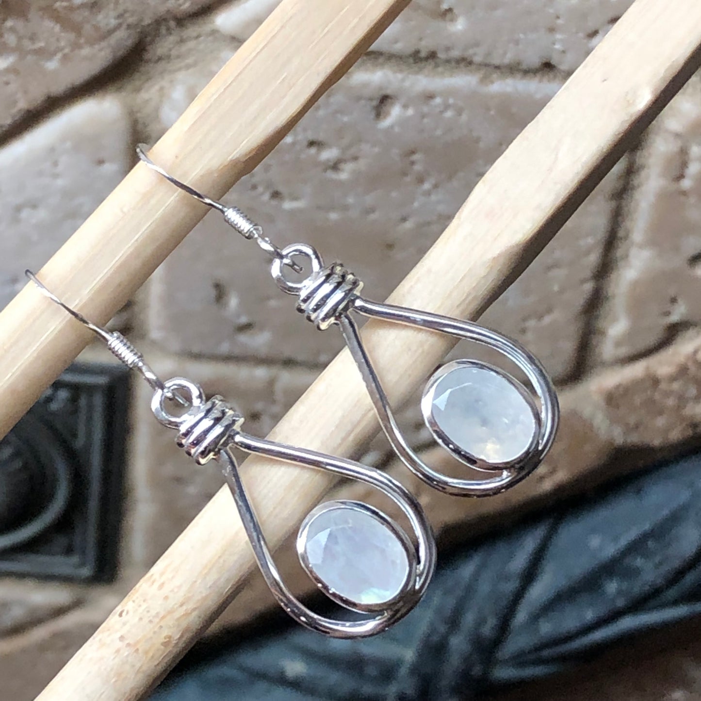 Natural Rainbow Moonstone 925 Solid Sterling Silver Earrings 35mm - Natural Rocks by Kala