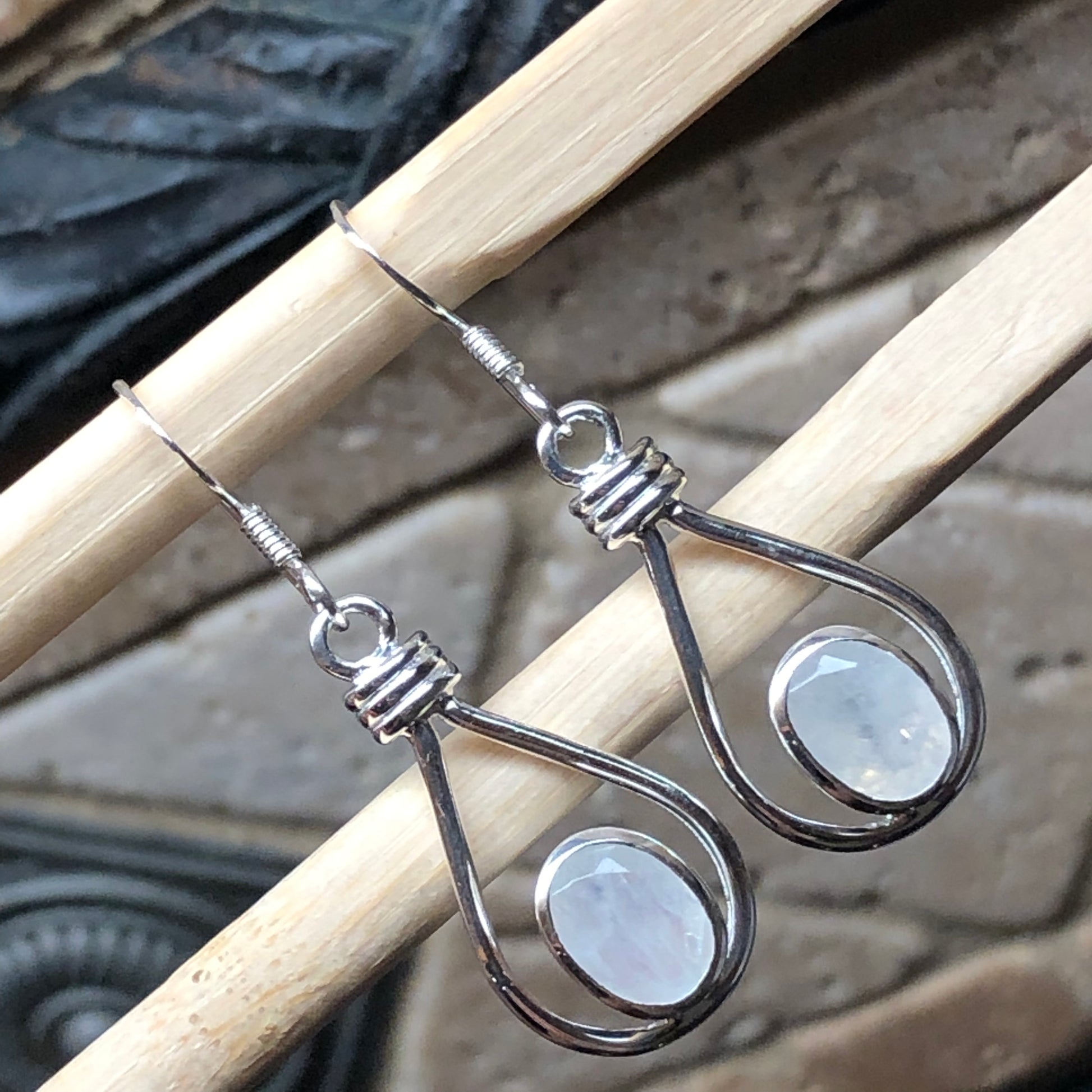 Natural Rainbow Moonstone 925 Solid Sterling Silver Earrings 35mm - Natural Rocks by Kala