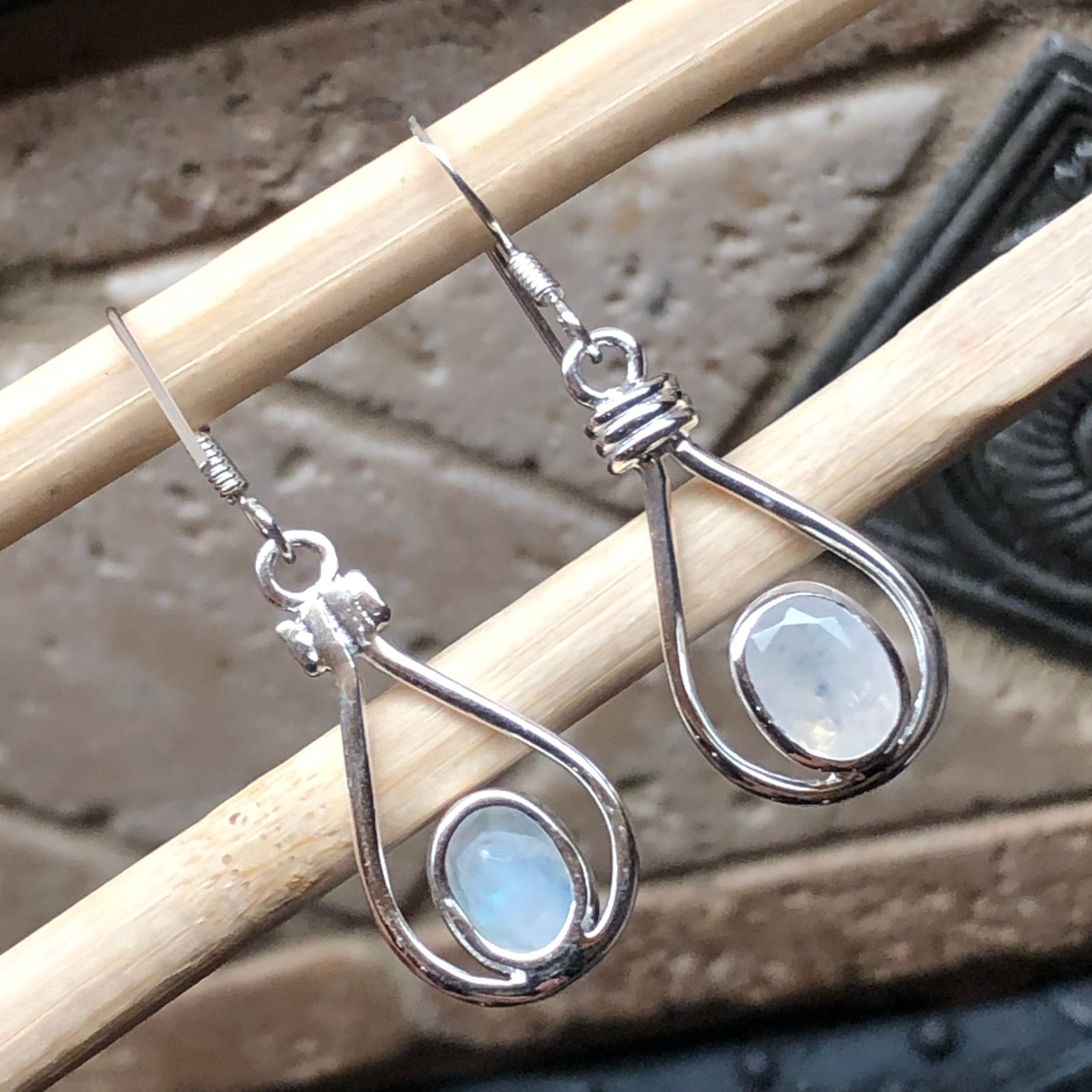 Natural Rainbow Moonstone 925 Solid Sterling Silver Earrings 35mm - Natural Rocks by Kala