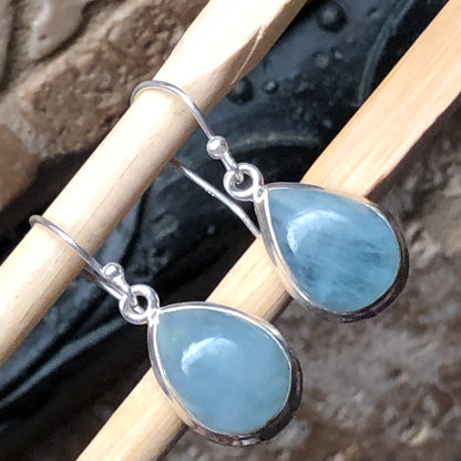 Natural Aquamarine Cabochan 925 Solid Sterling Silver Earrings 25mm - Natural Rocks by Kala