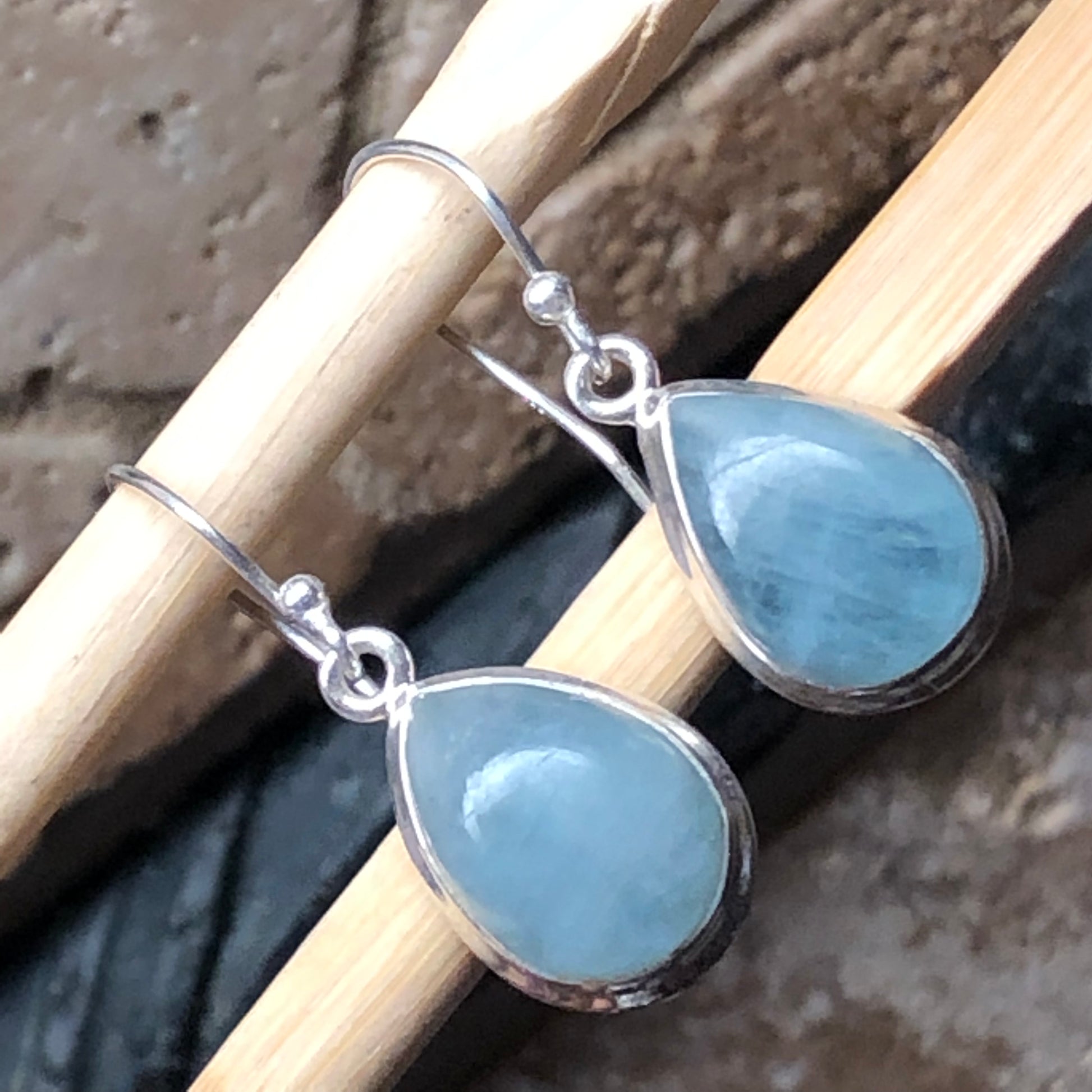 Natural Aquamarine Cabochan 925 Solid Sterling Silver Earrings 25mm - Natural Rocks by Kala