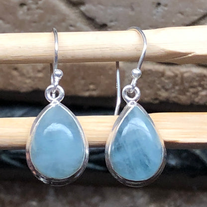 Natural Aquamarine Cabochan 925 Solid Sterling Silver Earrings 25mm - Natural Rocks by Kala