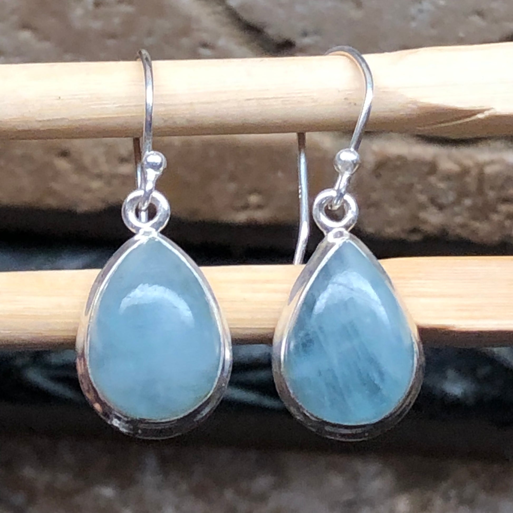 Natural Aquamarine Cabochan 925 Solid Sterling Silver Earrings 25mm - Natural Rocks by Kala