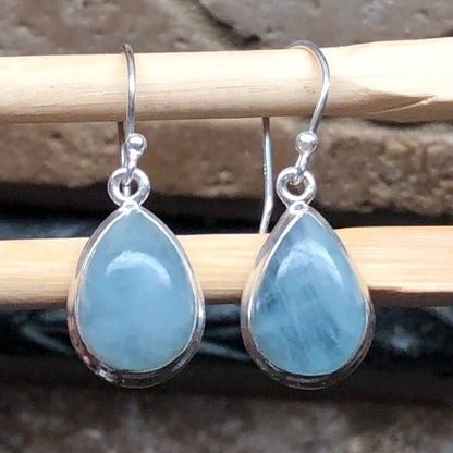 Natural Aquamarine Cabochan 925 Solid Sterling Silver Earrings 25mm - Natural Rocks by Kala