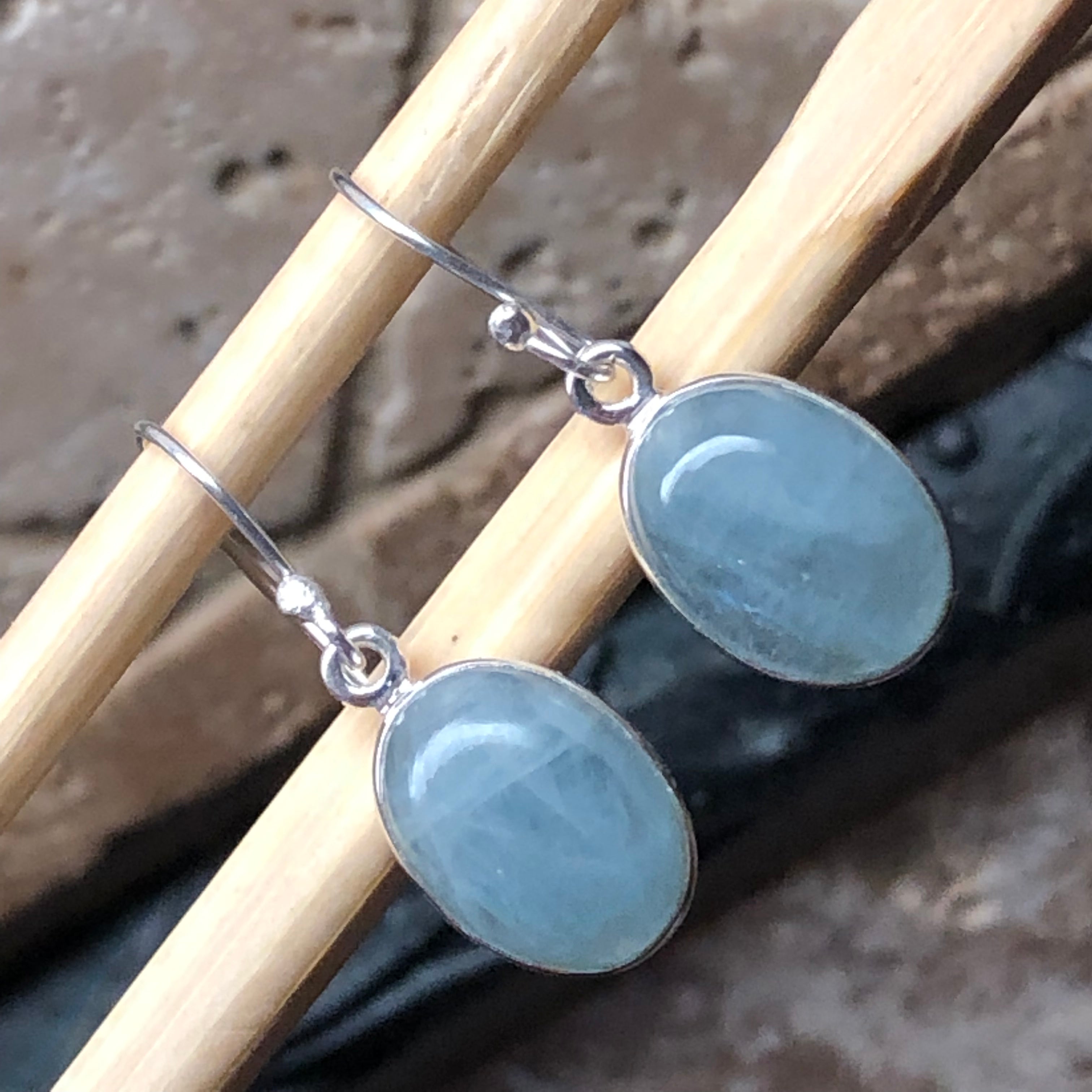 Natural Blue Aquamarine 925 Solid Sterling Silver Earrings 25mm - Natural Rocks by Kala