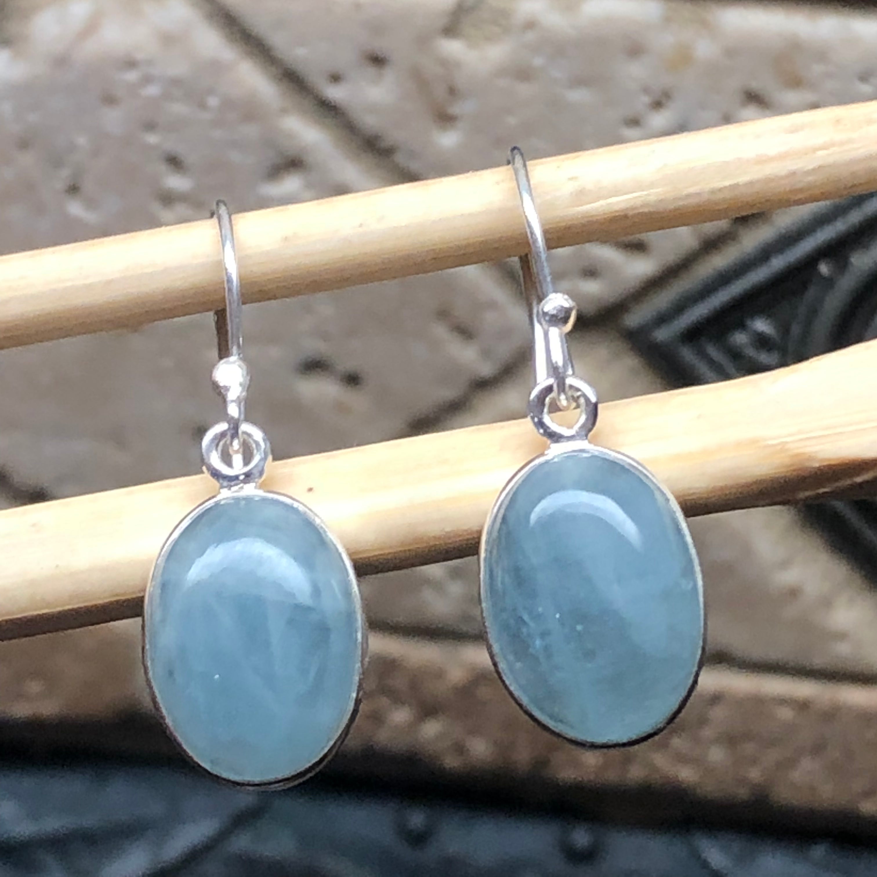 Natural Blue Aquamarine 925 Solid Sterling Silver Earrings 25mm - Natural Rocks by Kala