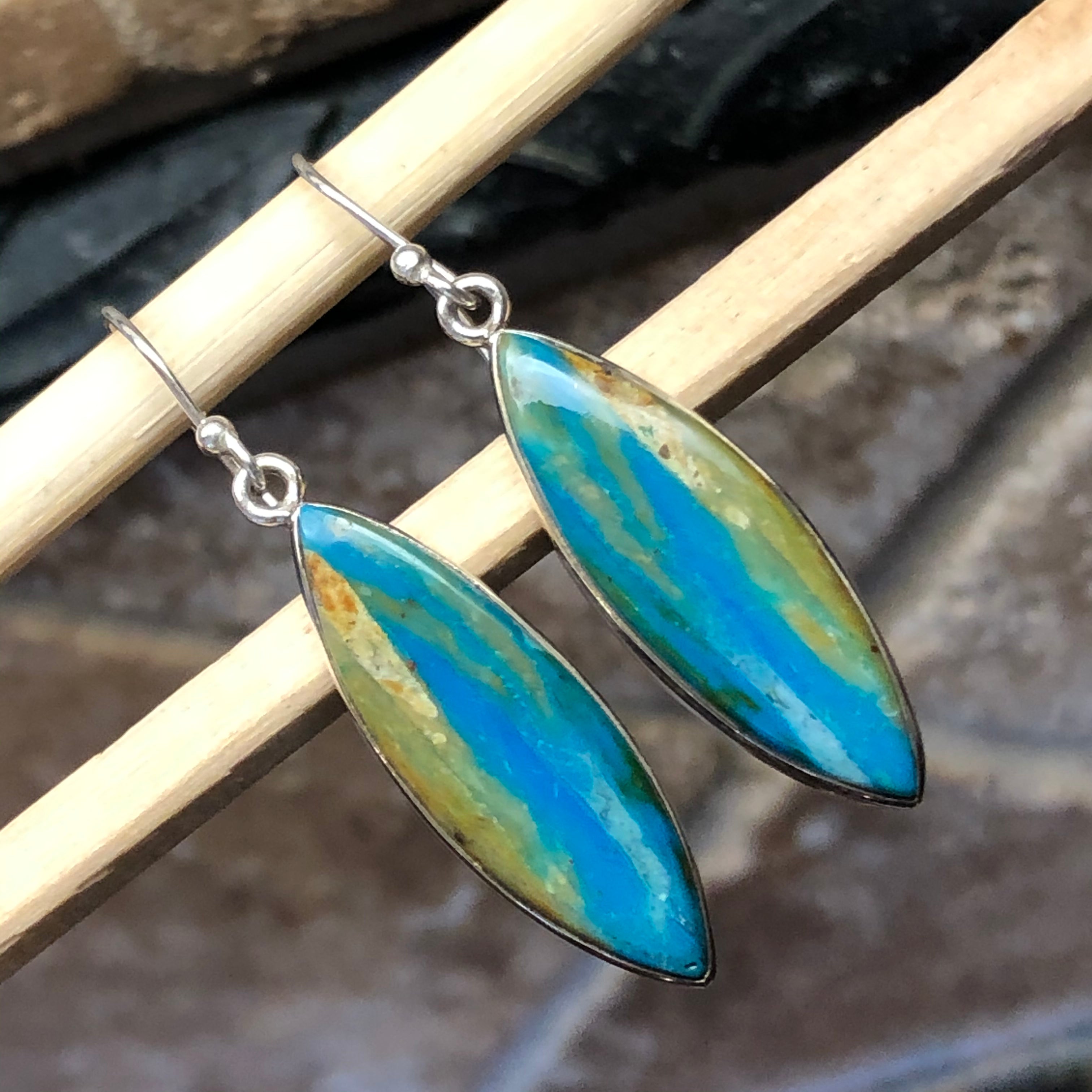 Natural Blue Peruvian Opal 925 Solid Sterling Silver Earrings 40mm - Natural Rocks by Kala