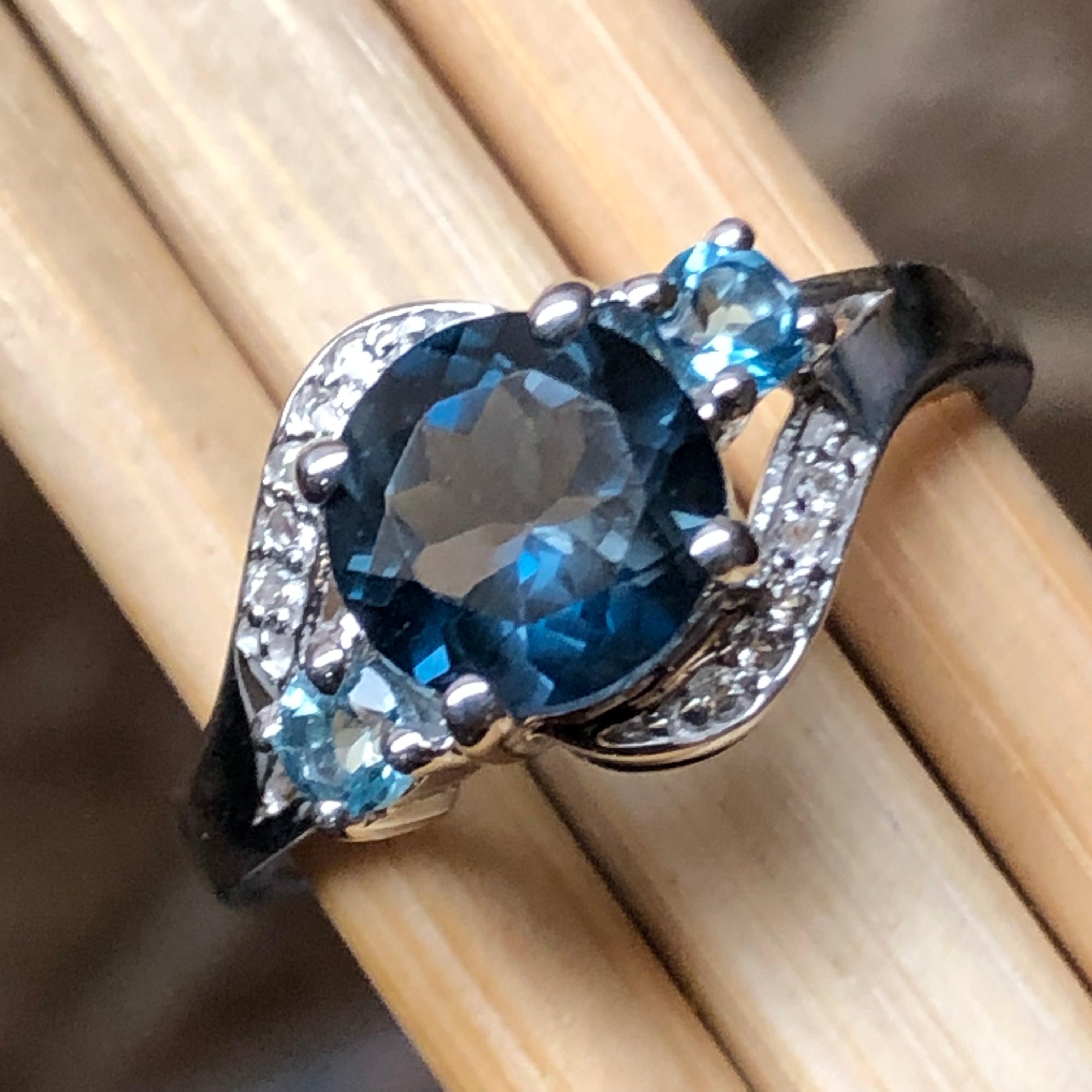 Natural 2ct London Blue Topaz, White Topaz 925 Solid Sterling Silver Engagement Ring Size 6, 7, 8, 9 - Natural Rocks by Kala