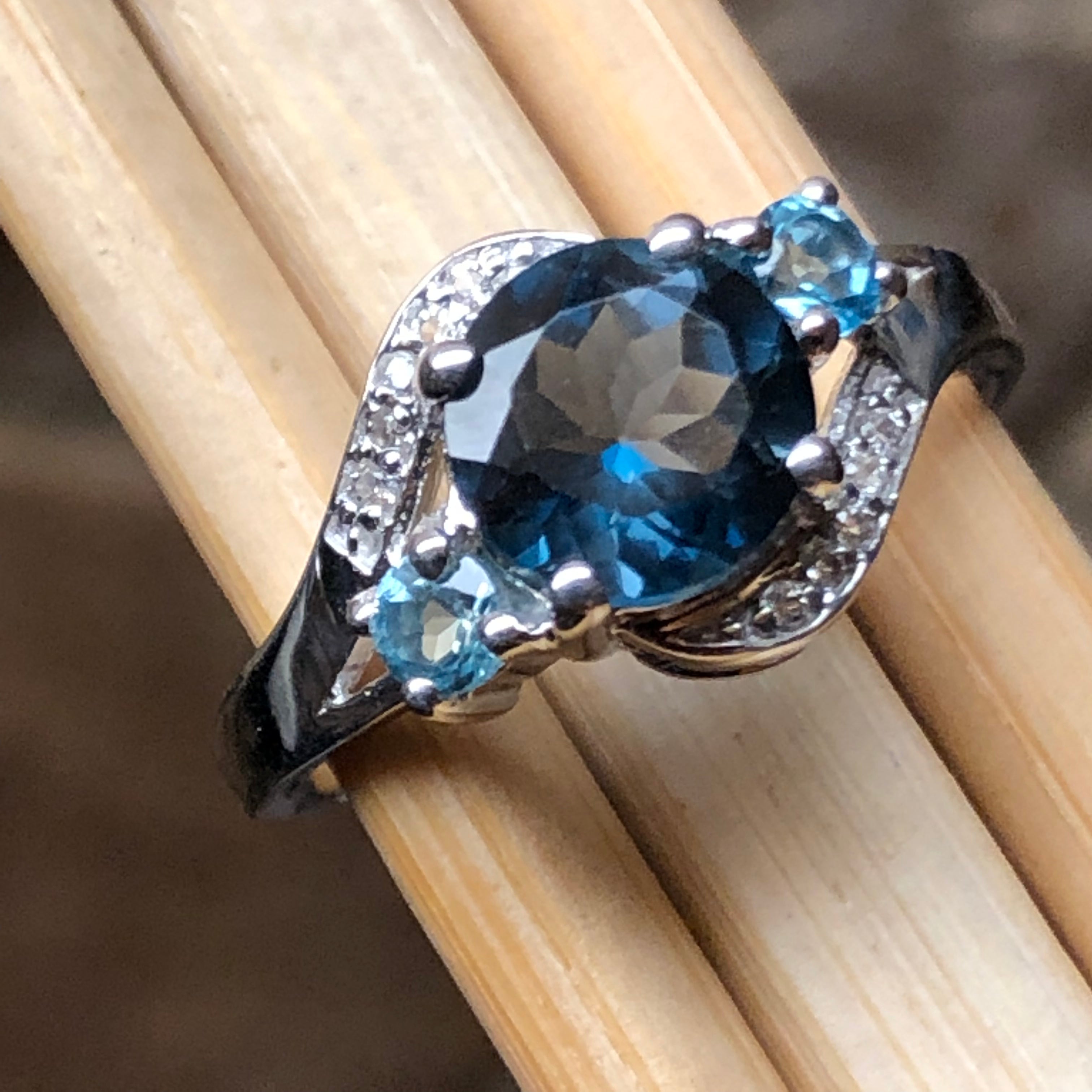 Natural 2ct London Blue Topaz, White Topaz 925 Solid Sterling Silver Engagement Ring Size 5, 6, 7, 8, 9 - Natural Rocks by Kala