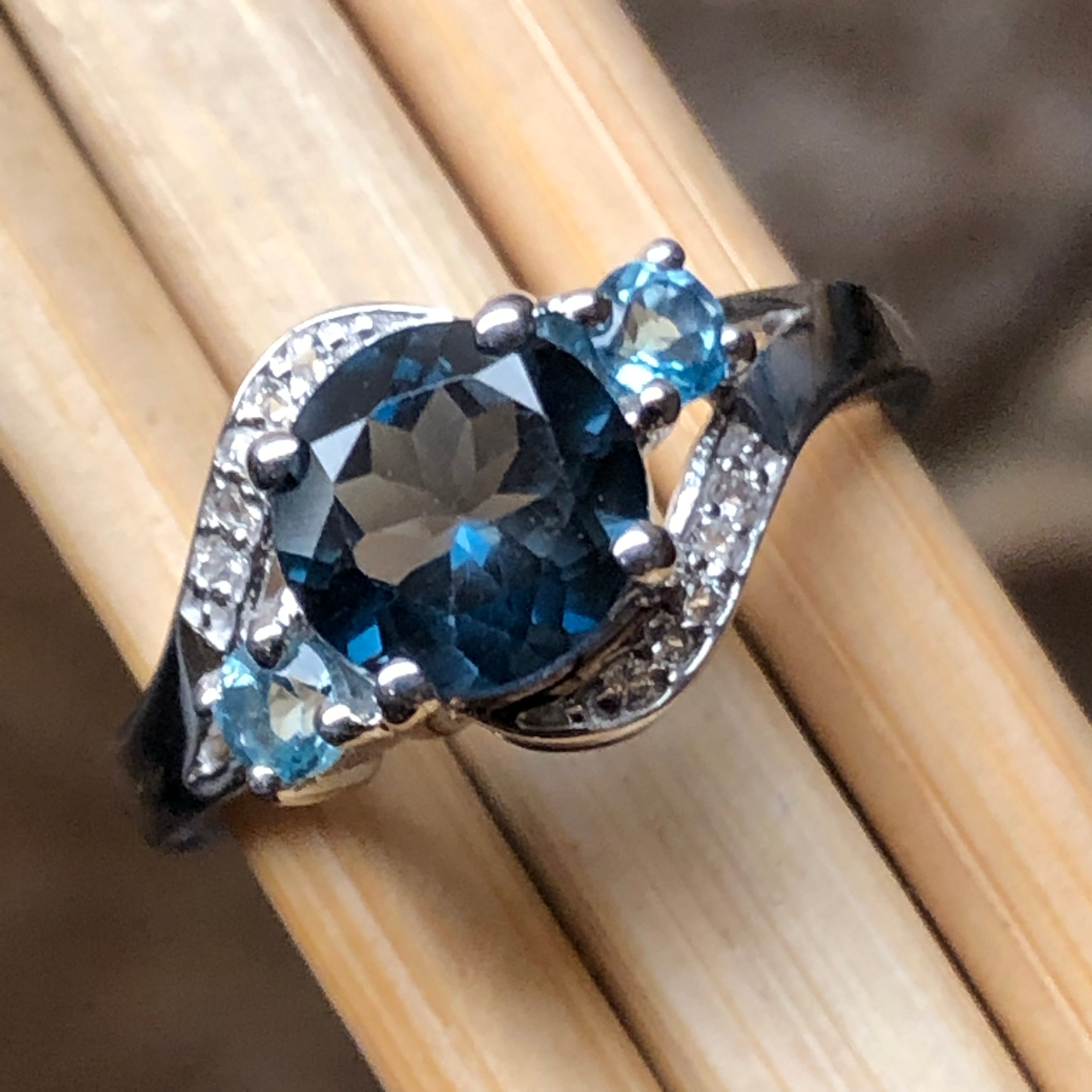Natural 2ct London Blue Topaz, White Topaz 925 Solid Sterling Silver Engagement Ring Size 5, 6, 7, 8, 9 - Natural Rocks by Kala