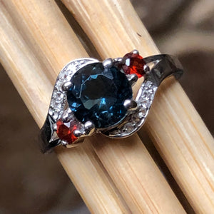 Natural 1.25ct London Blue Topaz, Garnet 925 Sterling Silver Engagement Ring Size 6, 7, 8, 9 - Natural Rocks by Kala