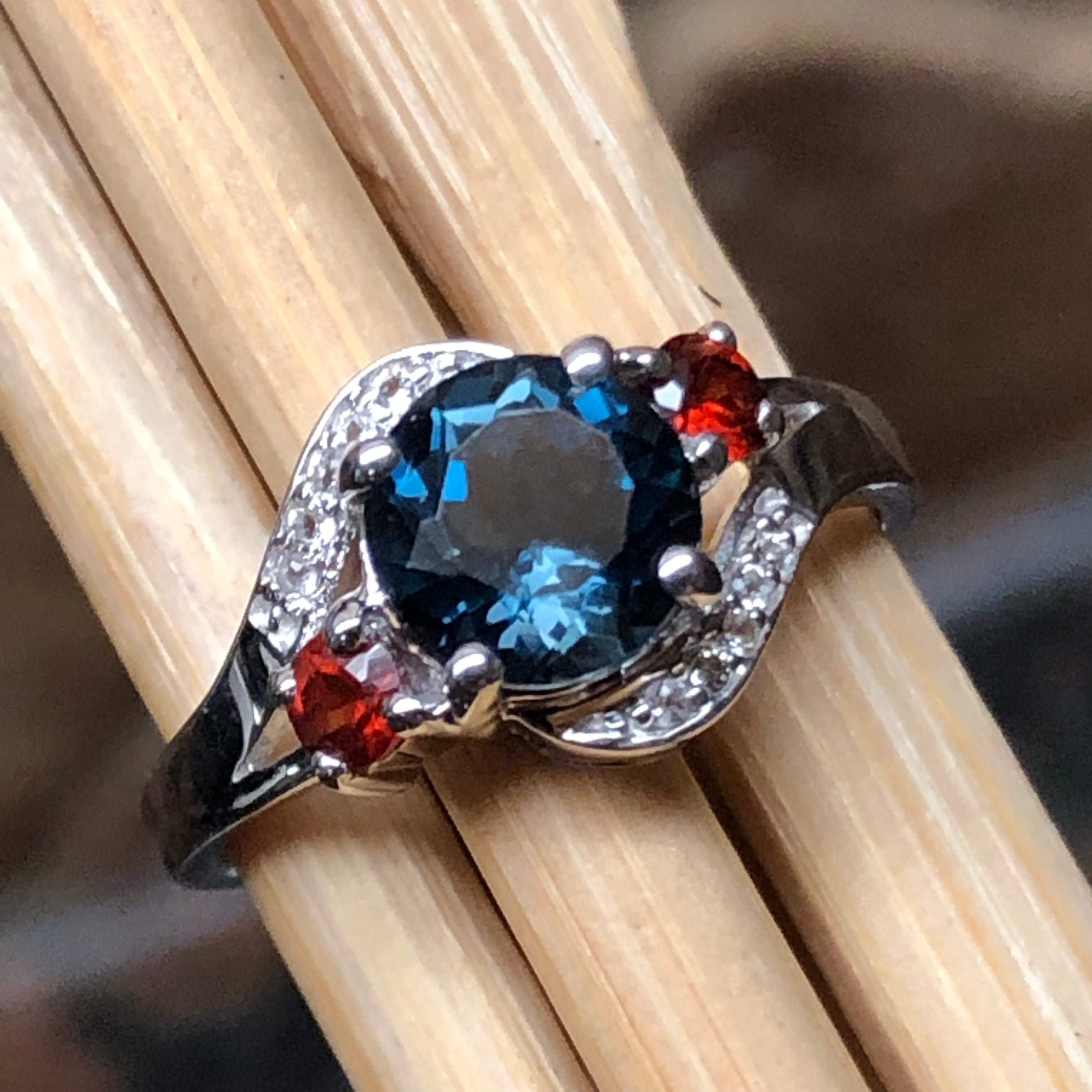 Natural 1.25ct London Blue Topaz, Garnet 925 Sterling Silver Engagement Ring Size 6, 7, 8, 9 - Natural Rocks by Kala