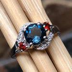 Natural 1.25ct London Blue Topaz, Garnet 925 Sterling Silver Engagement Ring Size 6, 7, 8, 9 - Natural Rocks by Kala