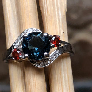 Natural 1.25ct London Blue Topaz, Garnet 925 Sterling Silver Engagement Ring Size 6, 7, 8, 9 - Natural Rocks by Kala