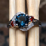 Natural 1.25ct London Blue Topaz, Garnet 925 Sterling Silver Engagement Ring Size 6, 7, 8, 9 - Natural Rocks by Kala