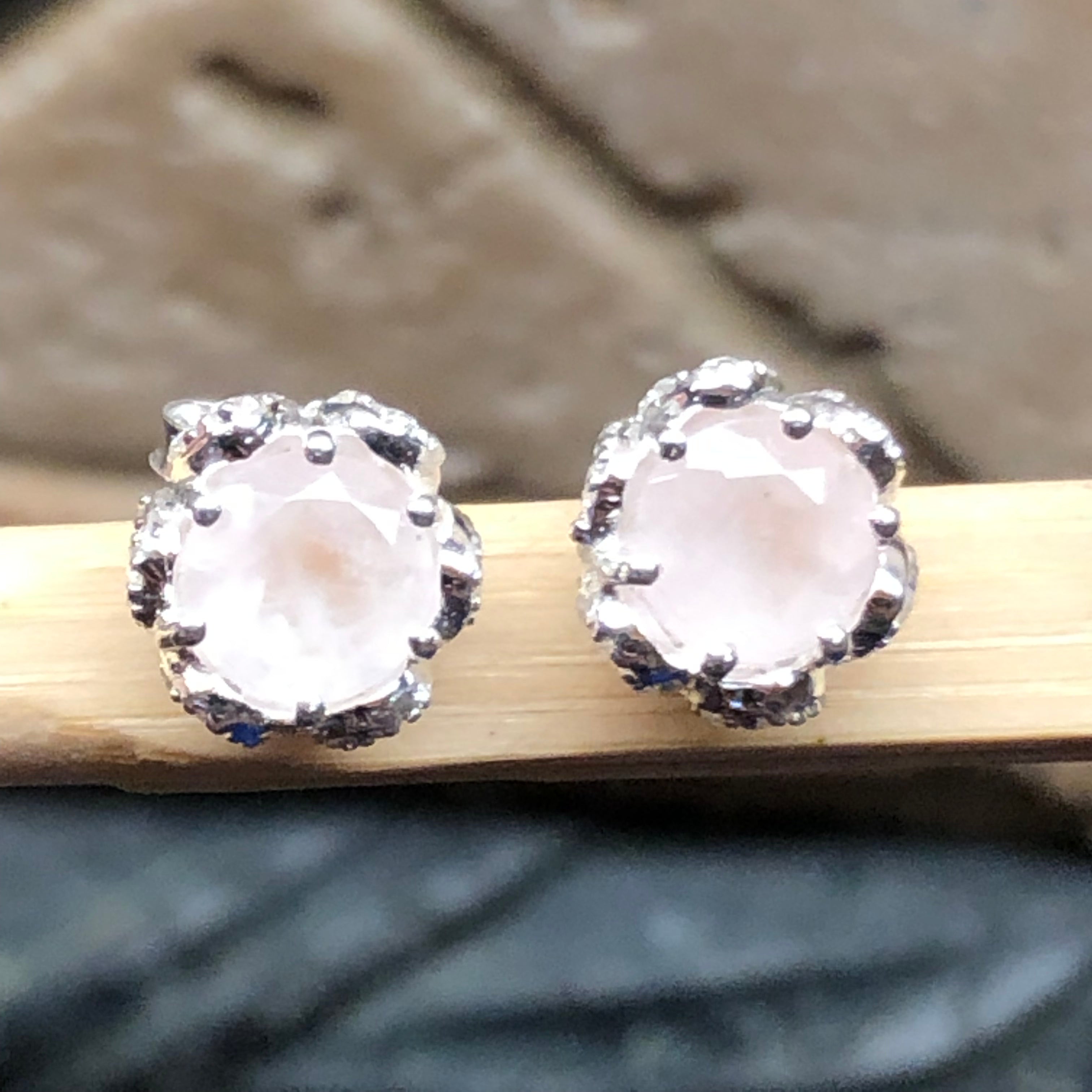 Natural 2ct Pink Rose Quartz 925 Solid Sterling Silver Earrings 7mm - Natural Rocks by Kala