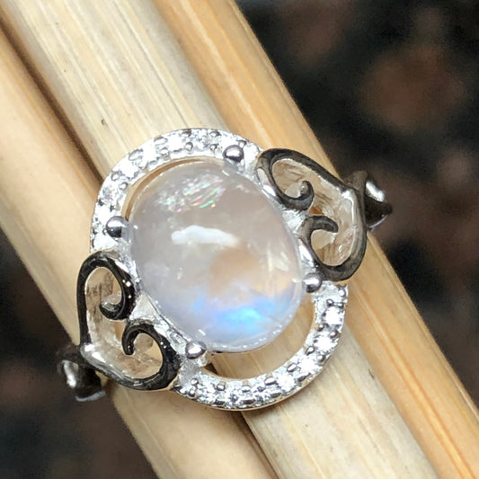 Natural Rainbow Moonstone 925 Solid Sterling Silver Engagement Ring Size 6, 7, 8.75, 9 - Natural Rocks by Kala