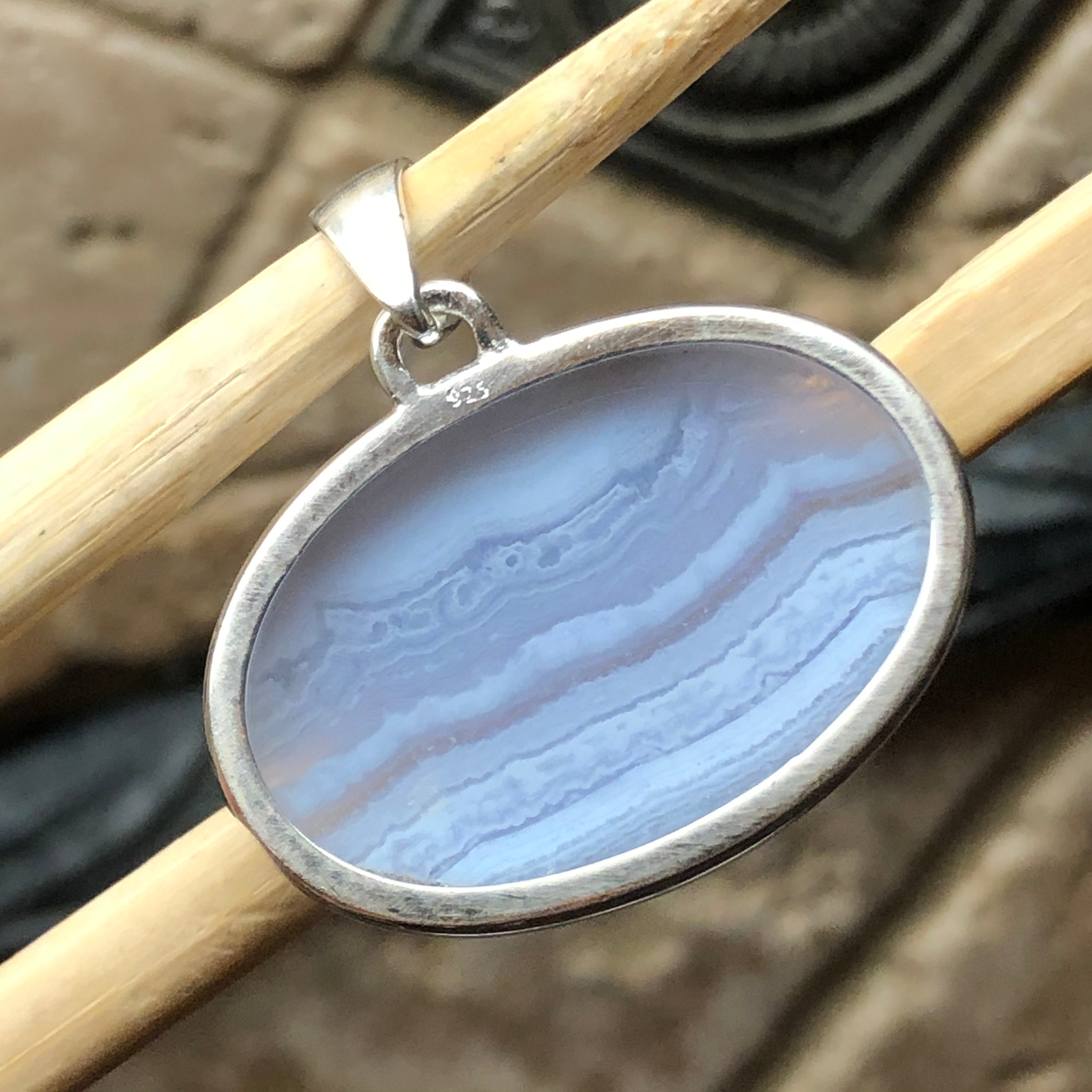 Natural Blue Lace Agate 925 Sterling Silver Pendant 30mm - Natural Rocks by Kala