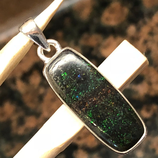 Natural basaltic matrix black opal 925 Solid Sterling Silver Men's Pendant 30mm - Natural Rocks by Kala