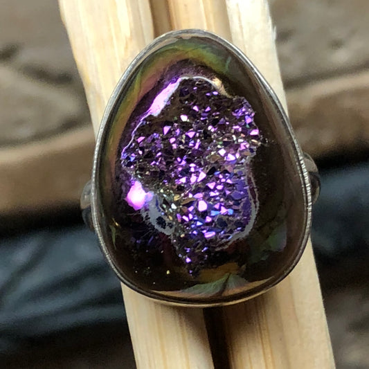 Designer Rainbow Titanium Druzy 925 Sterling Silver Ring Size 6 - Natural Rocks by Kala