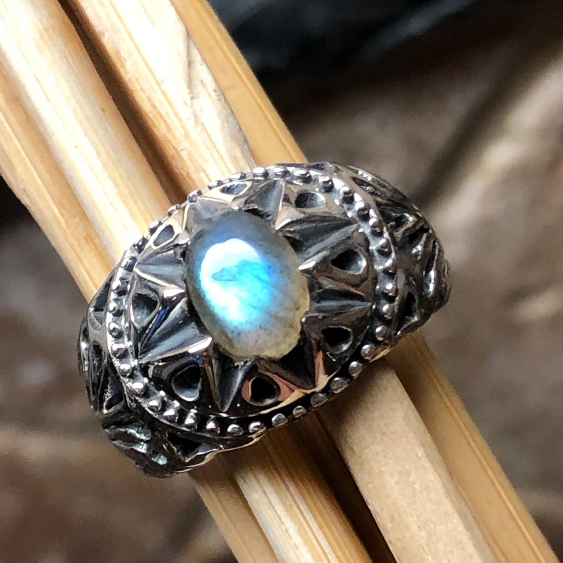 Natural Rainbow Moonstone 925 Solid Sterling Silver Men's Ring Size 8, 9, 10, 11, 12, 13 - Natural Rocks by Kala