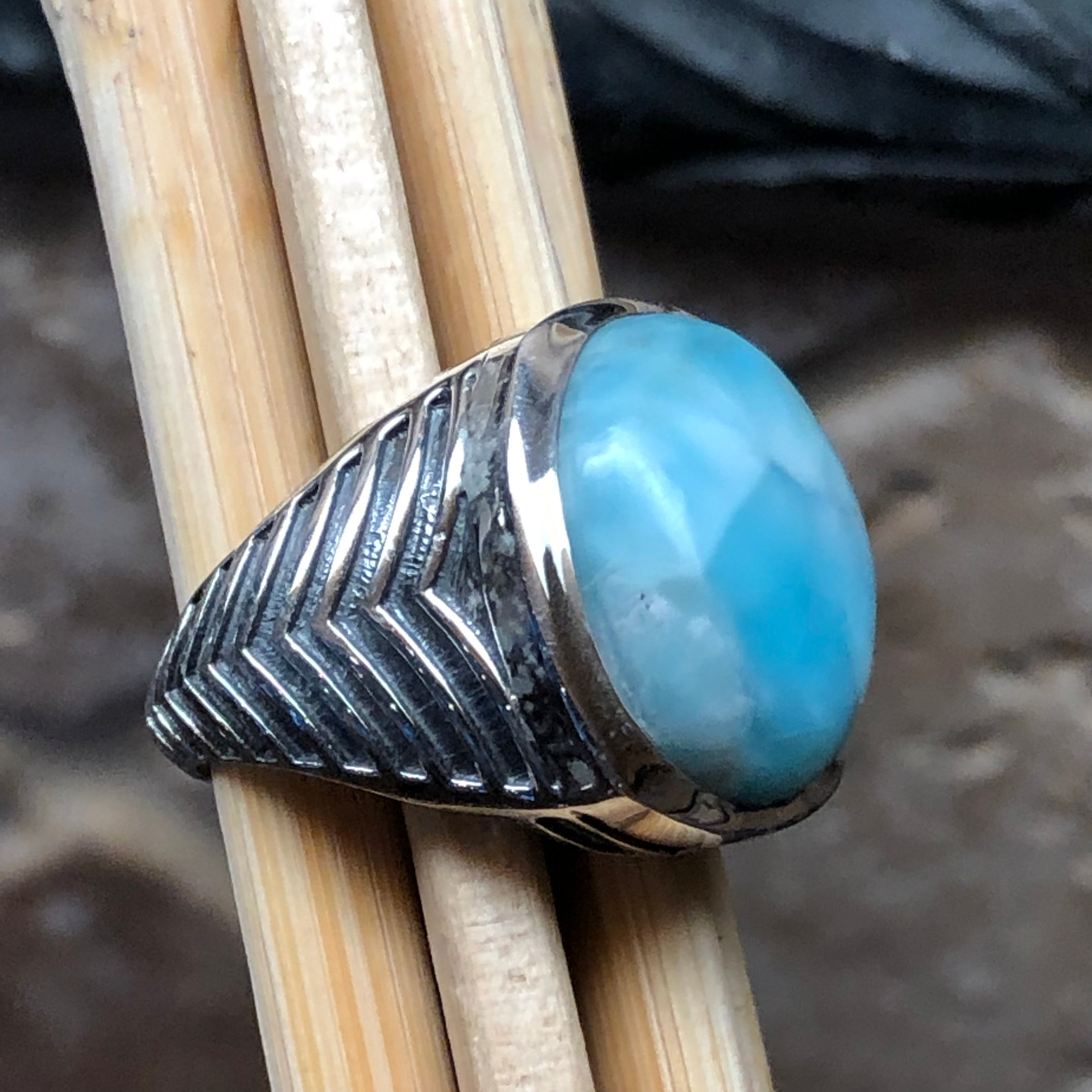 Natural Dominican Larimar 925 Solid Sterling Silver Men's Ring Size 8, 9, 10, 11, 12, 13 - Natural Rocks by Kala