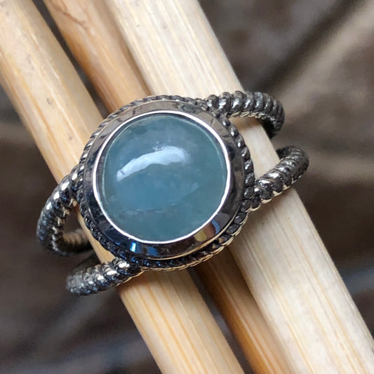 Natural Cabochon Aquamarine 925 Solid Sterling Silver Ring Size 7, 8 - Natural Rocks by Kala