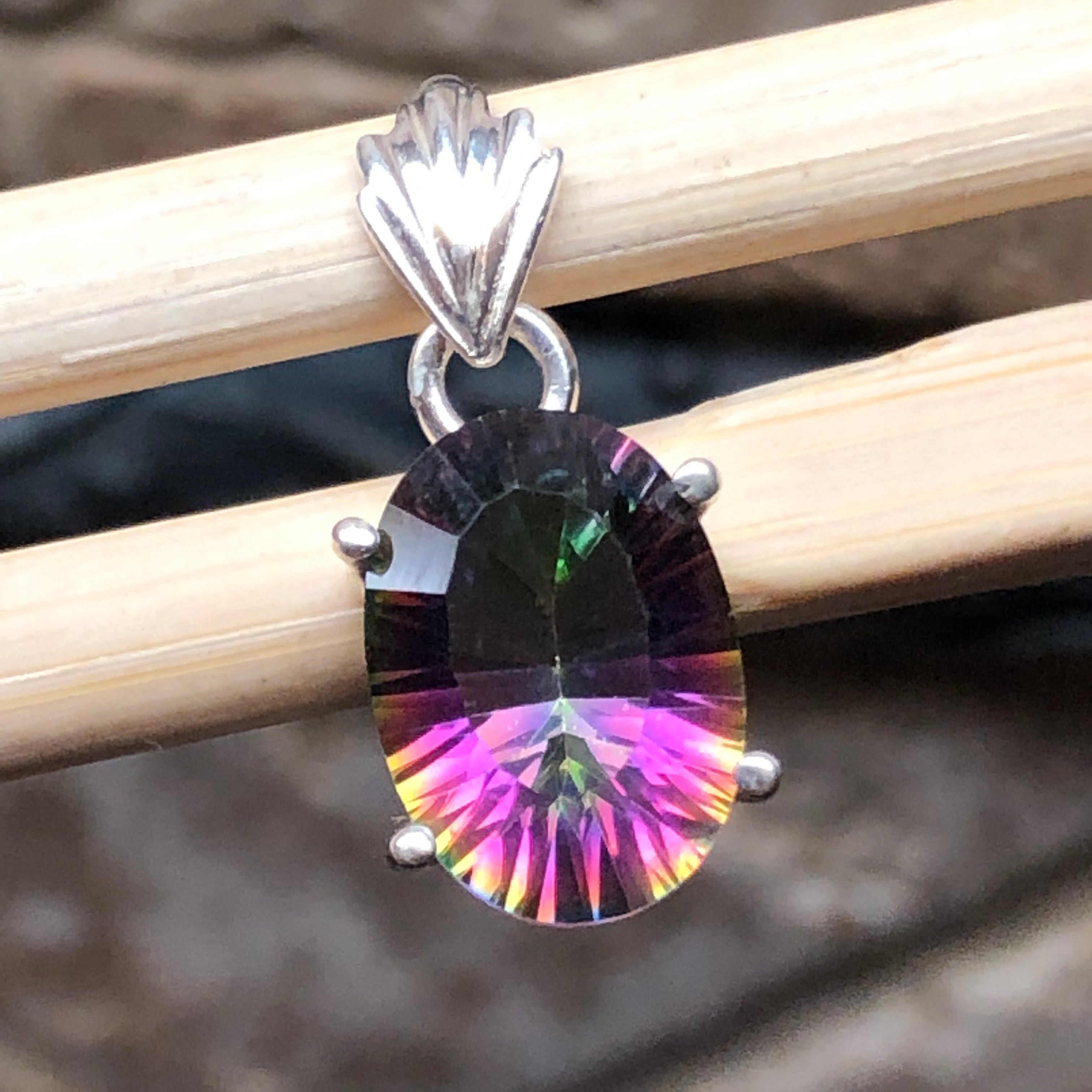 6ct Rainbow Mystic Topaz 925 Solid Sterling Silve Pendant 22mm - Natural Rocks by Kala