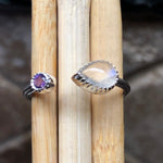 Genuine Rainbow Moonstone, Amethyst 925 Solid Sterling Silver Open Band Ring Size 6.5, 7, 8 - Natural Rocks by Kala