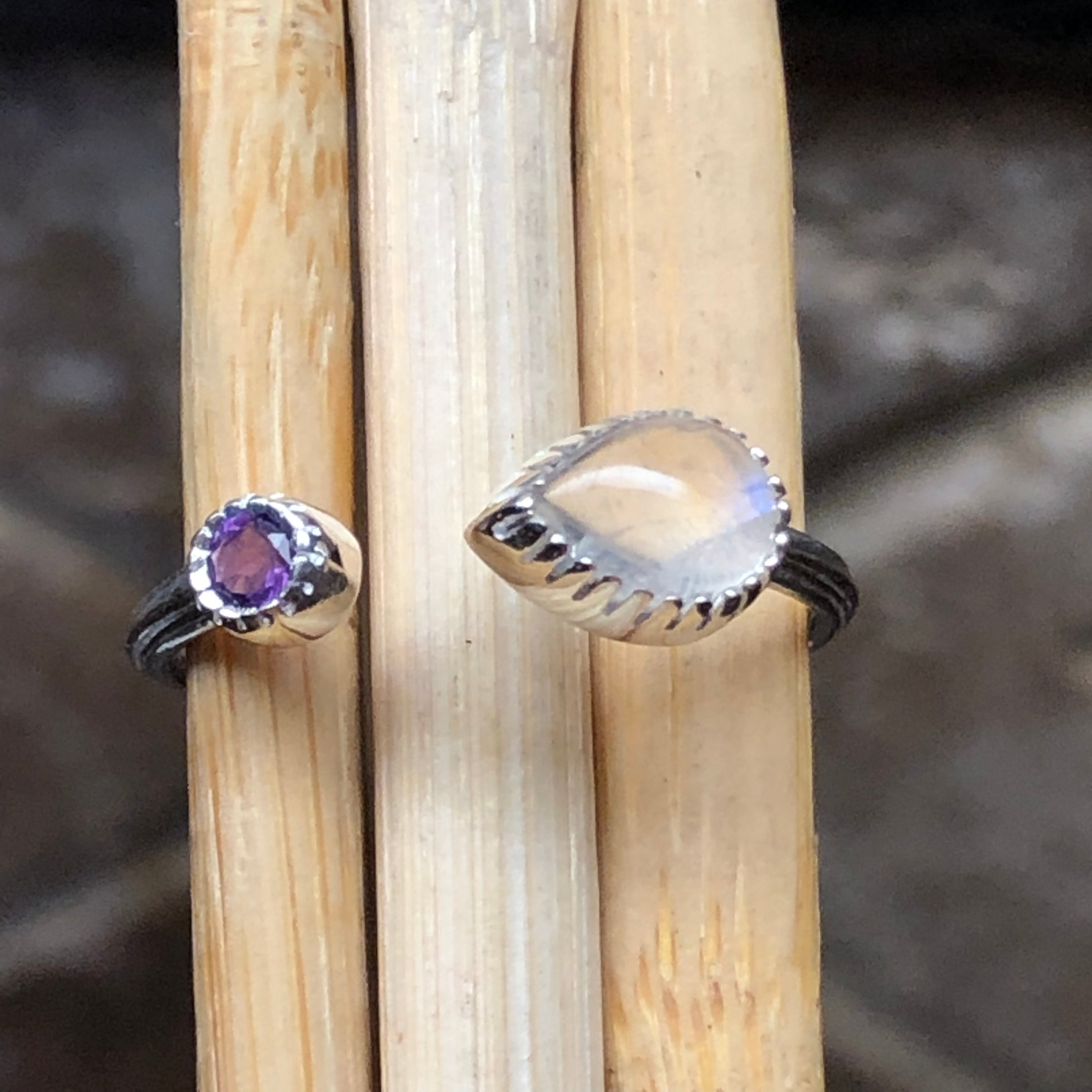 Genuine Rainbow Moonstone, Amethyst 925 Solid Sterling Silver Open Band Ring Size 6.5, 7, 8 - Natural Rocks by Kala