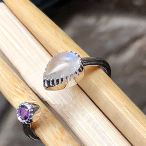 Genuine Rainbow Moonstone, Amethyst 925 Solid Sterling Silver Open Band Ring Size 5, 6, 7, 8, 9 - Natural Rocks by Kala