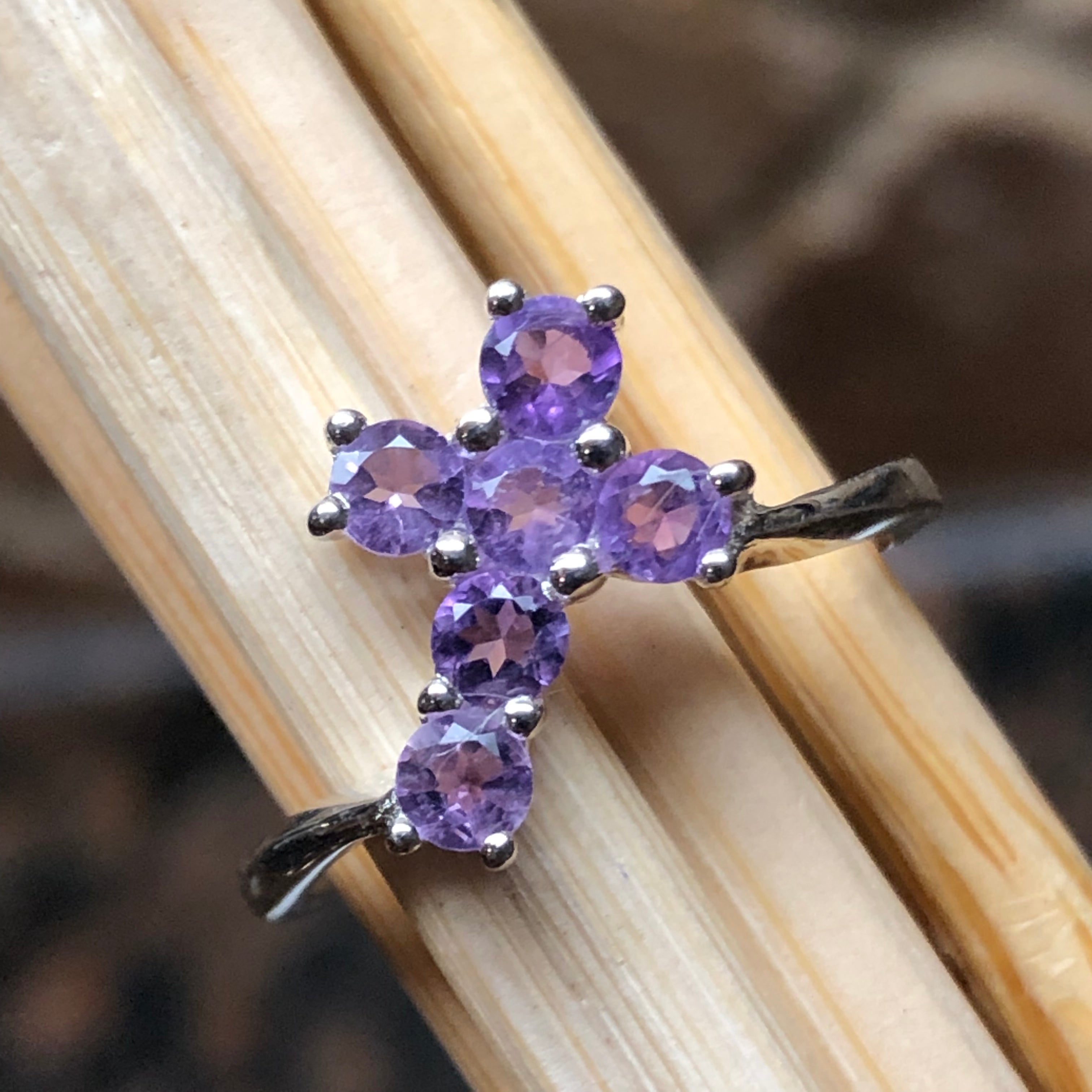 Natural Purple Amethyst 925 Solid Sterling Silver Cross Ring Size 6, 7, 8, 9 - Natural Rocks by Kala