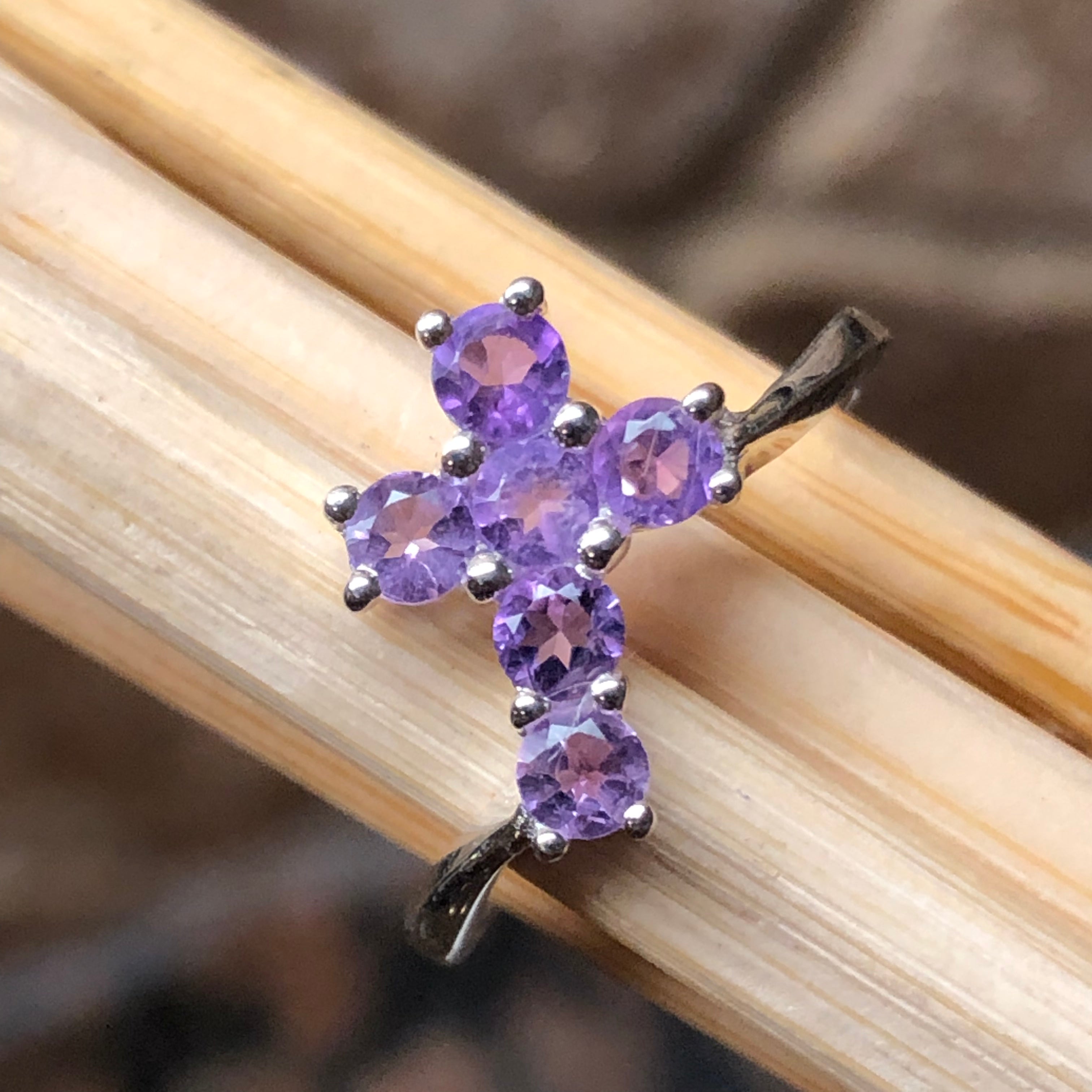 Natural Purple Amethyst 925 Solid Sterling Silver Cross Ring Size 6, 7, 8, 9 - Natural Rocks by Kala