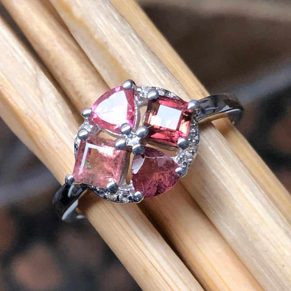 Natural Pink Tourmaline, White Topaz 925 Solid Sterling Silver Engagement Ring Size 6, 7, 8, 9 - Natural Rocks by Kala
