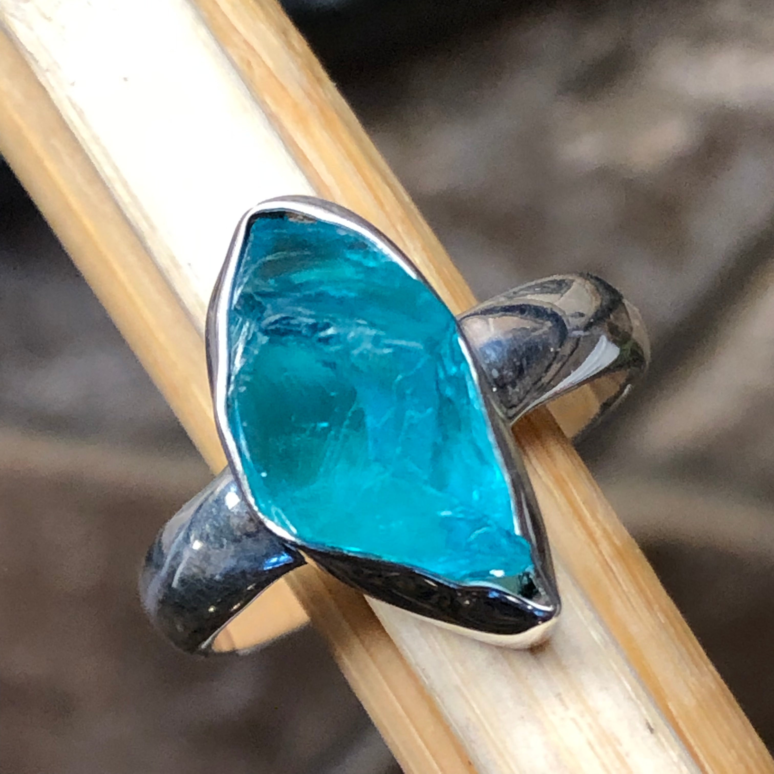 Genuine Neon Blue Apatite 925 Solid Sterling Silver Ring Size 8 - Natural Rocks by Kala