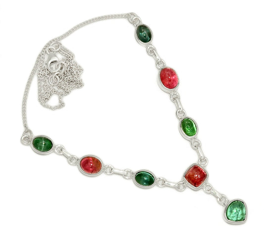 Genuine Green, Pink Tourmaline 925 Solid Sterling Silver Necklace 18" - Natural Rocks by Kala