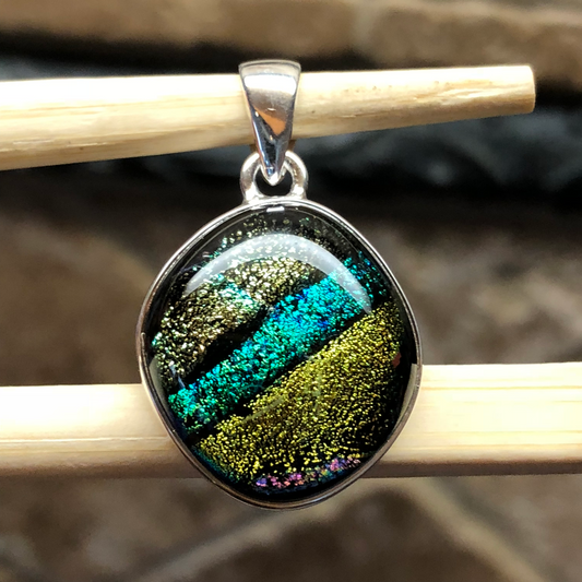 Beautiful Dichroic Glass 925 Solid Sterling Silver Pendant 25mm - Natural Rocks by Kala