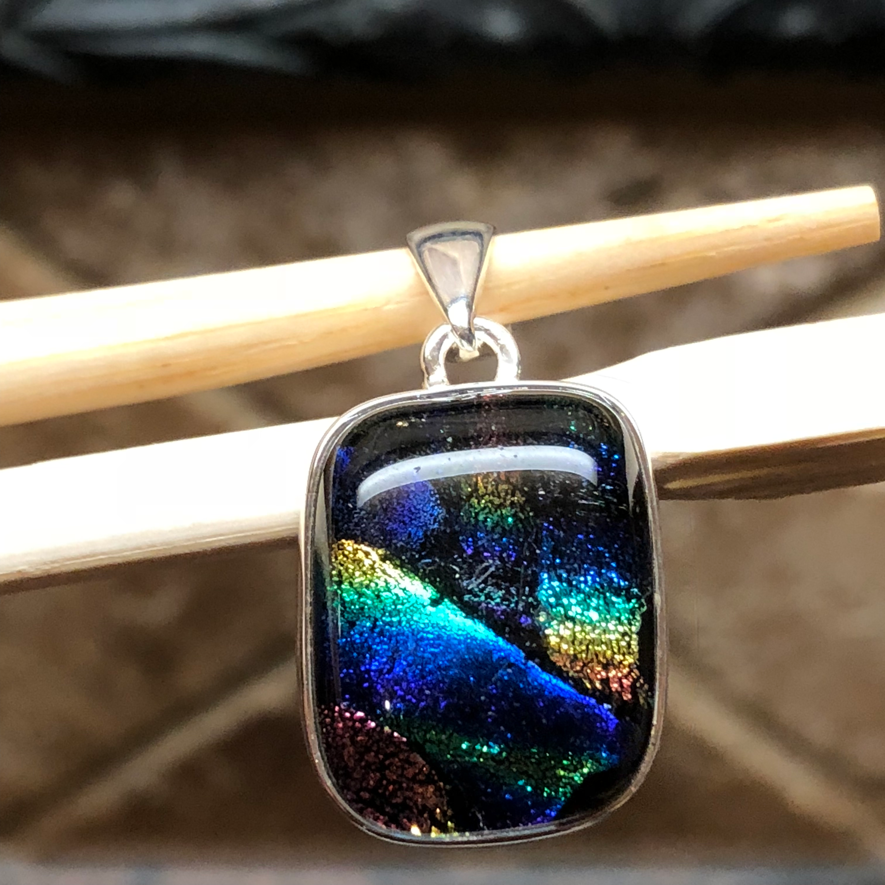 Beautiful Dichroic Glass 925 Solid Sterling Silver Pendant 30mm - Natural Rocks by Kala