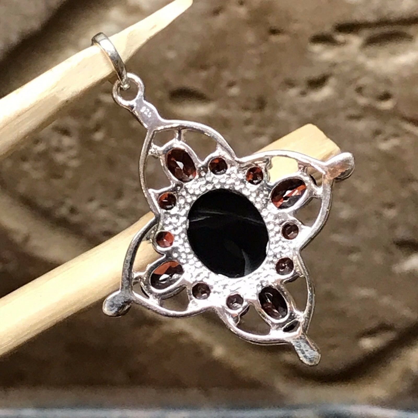 Natural 4ct Pyrope Garnet, Black Onyx 925 Solid Sterling Silver Pendant 40mm - Natural Rocks by Kala