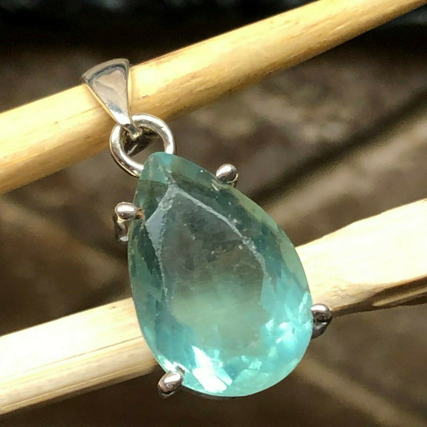 Natural 12ct Green Fluorite 925 Solid Sterling Silver Pendant 30mm - Natural Rocks by Kala