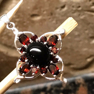 Natural 4ct Pyrope Garnet, Black Onyx 925 Solid Sterling Silver Pendant 40mm - Natural Rocks by Kala